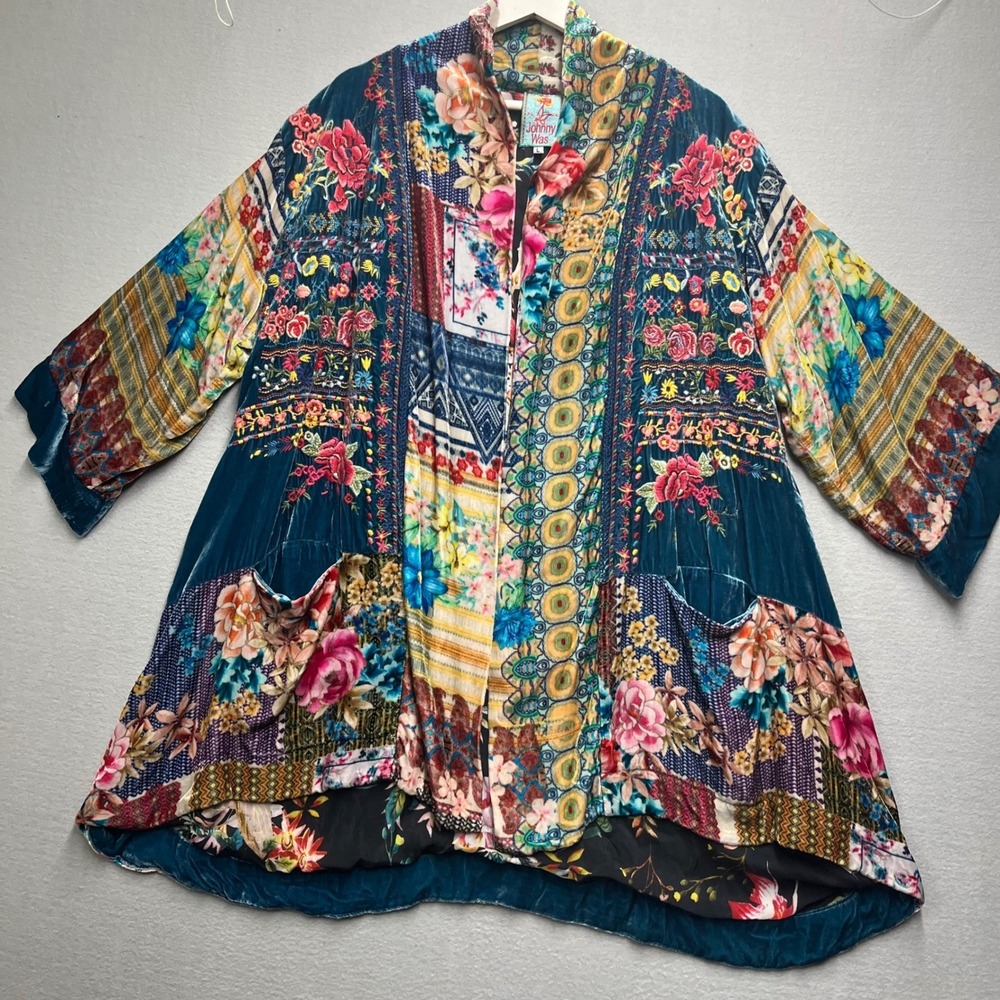 Johnny Was Velvet Floral Patchwork Embroidered Kimono Jacket Teal C44818-8 Large